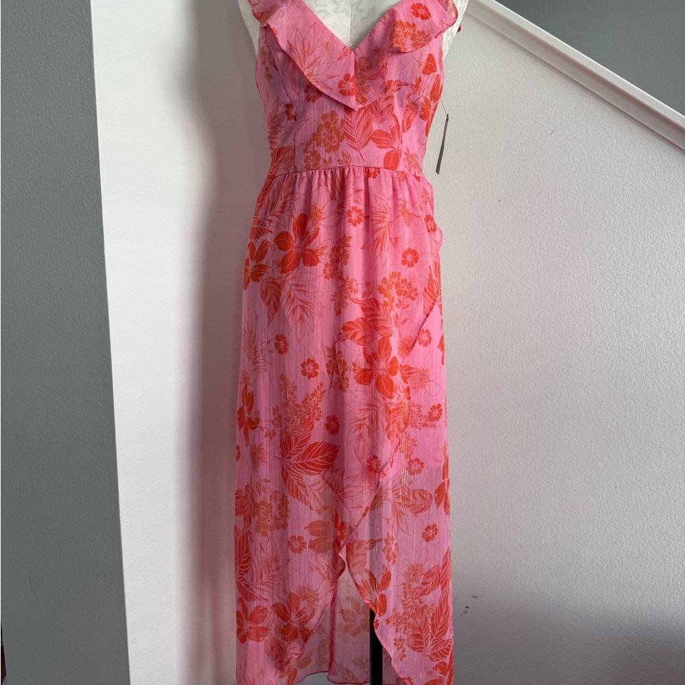 NWT Guess Pink Ruffle High Low Midi Floral Dress Size 4 Small Easter